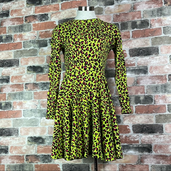 Jawbreaker 80s Punk Disco Cut Out Neon Leopard Green Skater Dress Costume - Picture 2 of 8